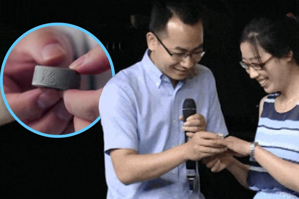 An award-winning inventor in China has shocked social media by giving his wife-to-be an engagement ring made out of his signature product, waterproof concrete. Photo: SCMP composite/Jimu