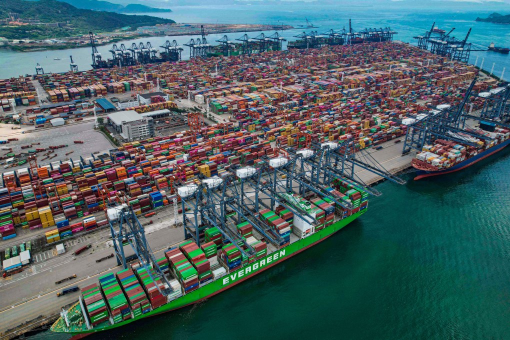 An aerial view shows cargo containers stacked at Yantian port in Shenzhen, in southern China’s Guangdong province on June 12, 2024. Photo: AFP