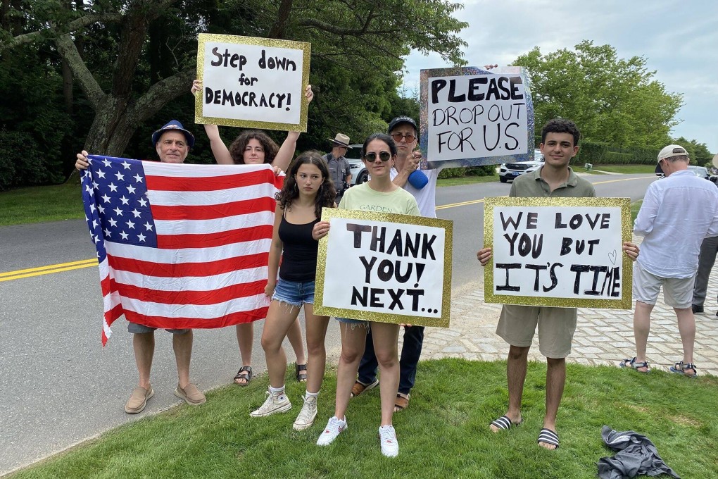 Demonstrators hold up signs outside a fundraiser for US President Joe Biden in East Hampton, New York, on June 29, amid worries about his debate performance against Donald Trump. Photo: Bloomberg