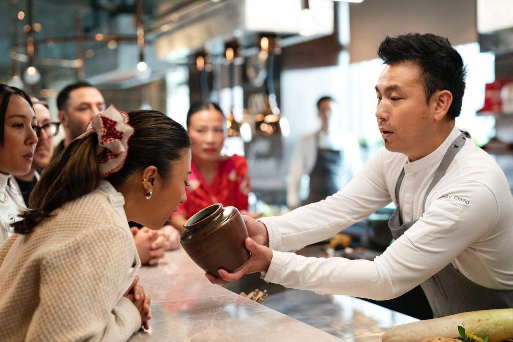 VEA chef-owner Vicky Cheng presents his “Three Ages of Daikon” ingredients to MasterChef Australia representatives in Hong Kong. When the opportunity came, Cheng jumped at the chance to be a guest judge. Photo: Instagram/@mimiwonggaa
