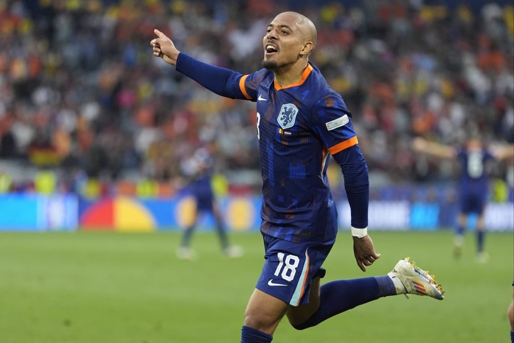 Netherlands’ Donyell Malen celebrates after scoring his side’s third goal in Munich. Photo: AP