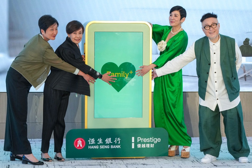 (From left) Hang Seng Bank’s head of wealth management and personal banking Rannie Lee and CEO Diana Cesar are joined by actress Sandra Ng and director Vincent Kok at the launch of the Prestige banking services in Hong Kong on Wednesday. Photo: May Tse