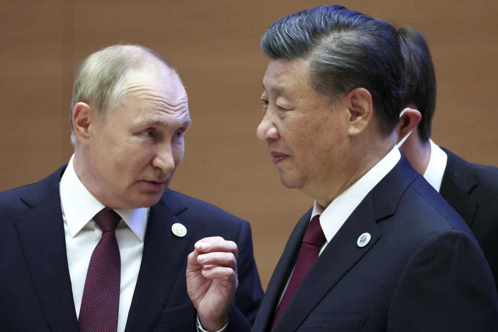 Russian President Vladimir Putin speaks to Chinese President Xi Jinping during the 2022 Shanghai Cooperation Organization summit in Samarkand, Uzbekistan. The pair met for the second time in less than two months on Wednesday. Photo: AP