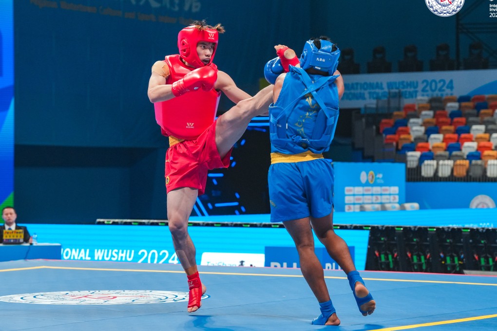 Hong Kong sanda champion Sunny Cheung (left) competes in the 2024 International Wushu Invitational Tournament in Jiangyin, Jiangsu province, China. We compare the Chinese fighting system with the Korean martial art taekwondo. Photo: International Wushu Invitational Tournament