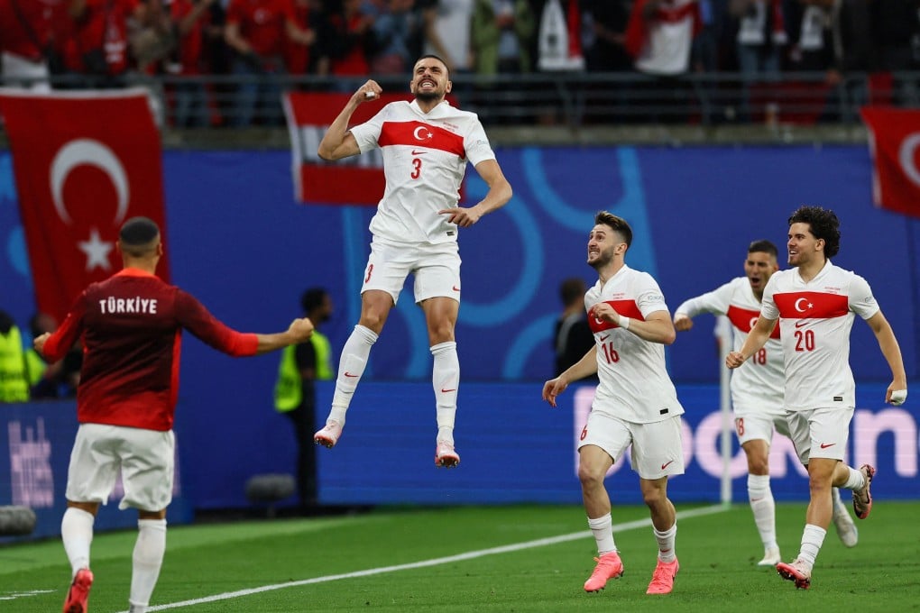 Turkey’s Merih Demiral celebrates scoring their first goal against Austria at the Leipzig Stadium. Photo: Reuters