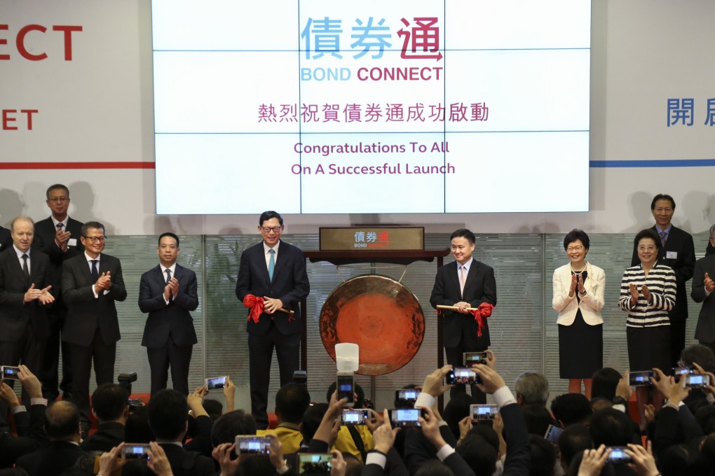 Officials of the Hong Kong government, Hong Kong Monetary Authority and People’s Bank of China celebrate the launch of the Bond Connect scheme in Hong Kong on July 3, 2017. Photo: Felix Wong