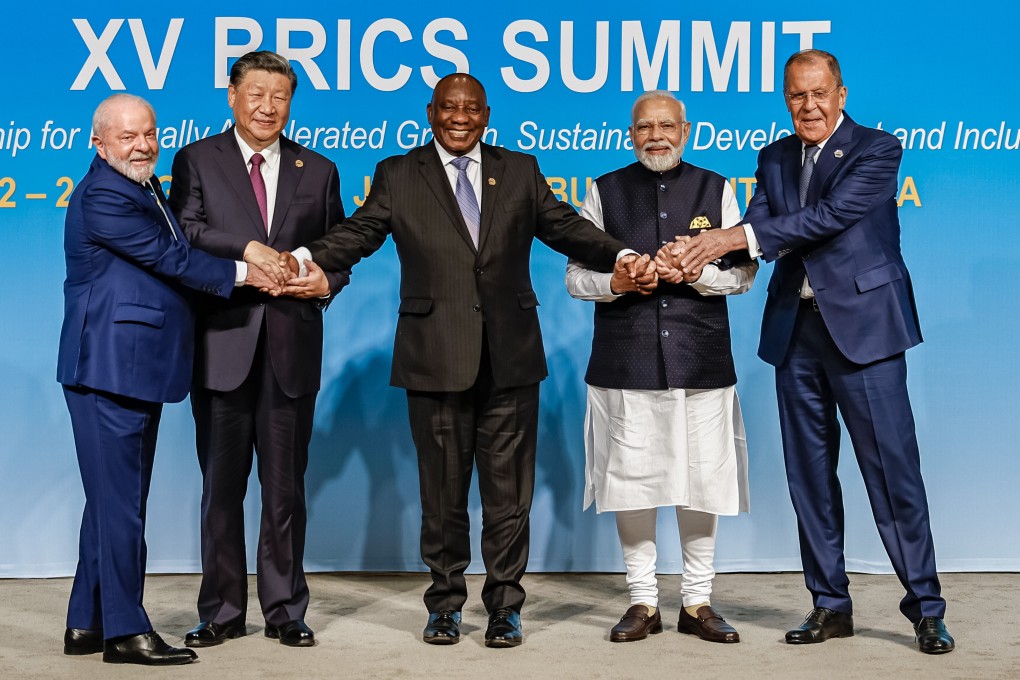 (From left) Brazil’s President Luiz Inacio Lula da Silva, Chinese President Xi Jinping, South African President Cyril Ramaphosa, Indian Prime Minister Narendra Modi and Russia’s Foreign Minister Sergei Lavrov attend the Brics summit in Johannesburg on August 23, 2023. The expansion of the Brics bloc has raised hopes of its providing an effective counterweight to other multilateral organisations seen as being controlled by the West. Photo: DPA