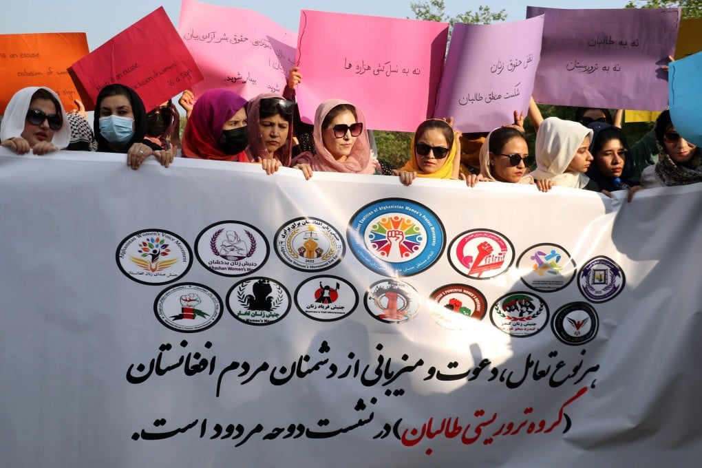 Supporters of the Independent Coalition of Afghan Women’s Protest Movement hold placards during a protest to demand rights of Afghan women from Taliban government in Islamabad, Pakistan, on June 10. Women and civil society groups were barred from the latest UN-backed summit with the Taliban, raising fears that world leaders were ready to abandon their commitment to Afghan women for closer ties with the Taliban. Photo: EPA-EFE