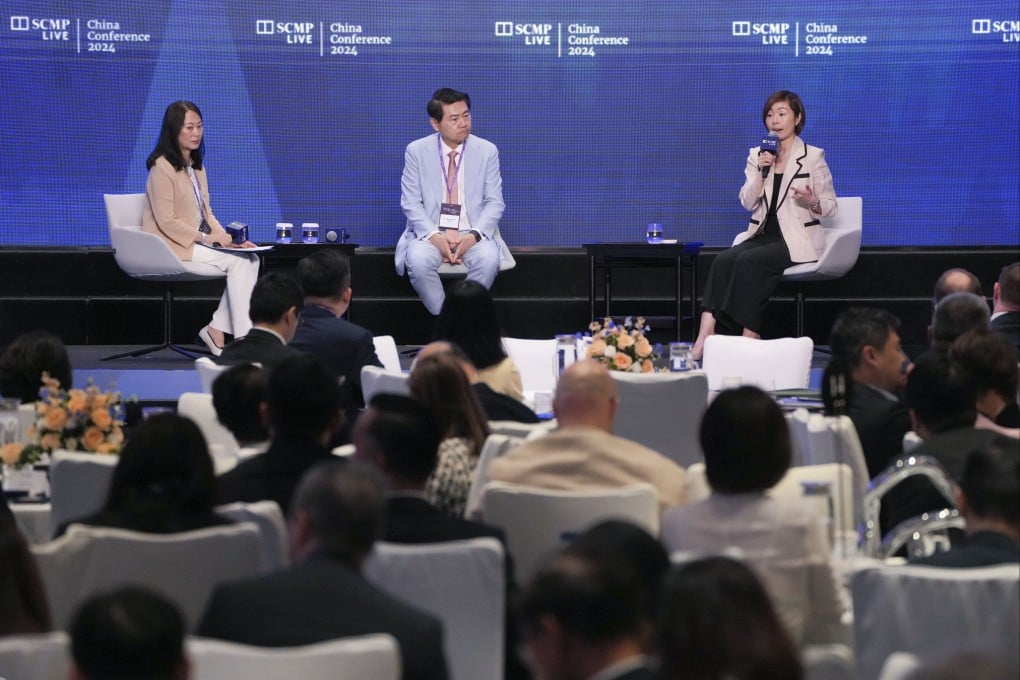 (L to R) Tammy Tam, Editor-In-Chief of the South China Morning Post; Dr. Henry Wang Huiyao, Founder and President of the Center for China and Globalization; Clara Chan, Chief Executive Officer of the Hong Kong Investment Corporation Limited, at the 2024 China Conference held at the Hong Kong Ocean Park Marriott Hotel on 4 July 2024. Photo: May Tse