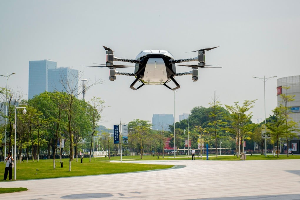 An Xpeng AeroHT flying car hovers during a demonstration flight at the company’s headquarters in Panyu District of Guangzhou, in south China’s Guangdong Province, on May 15, 2024. Photo: Xinhua