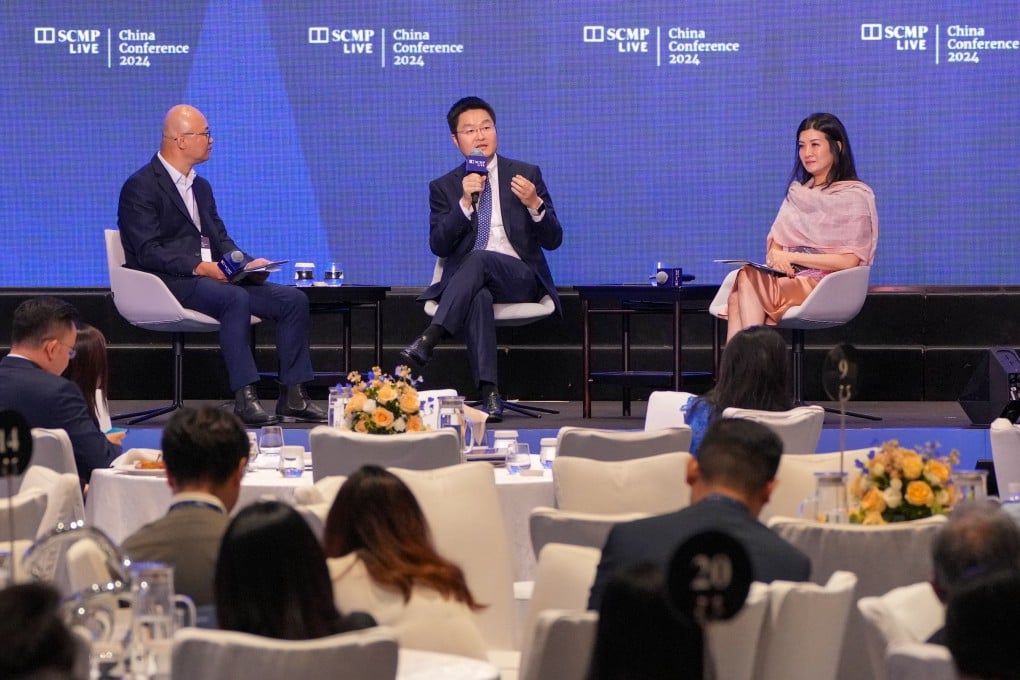 Henry He (centre), executive director and chief financial officer at Kingsoft Cloud, and Maryann Tseng (right), senior managing director of strategic investment at SenseTime, speak in a panel at the China Conference on Thursday. Photo: May Tse