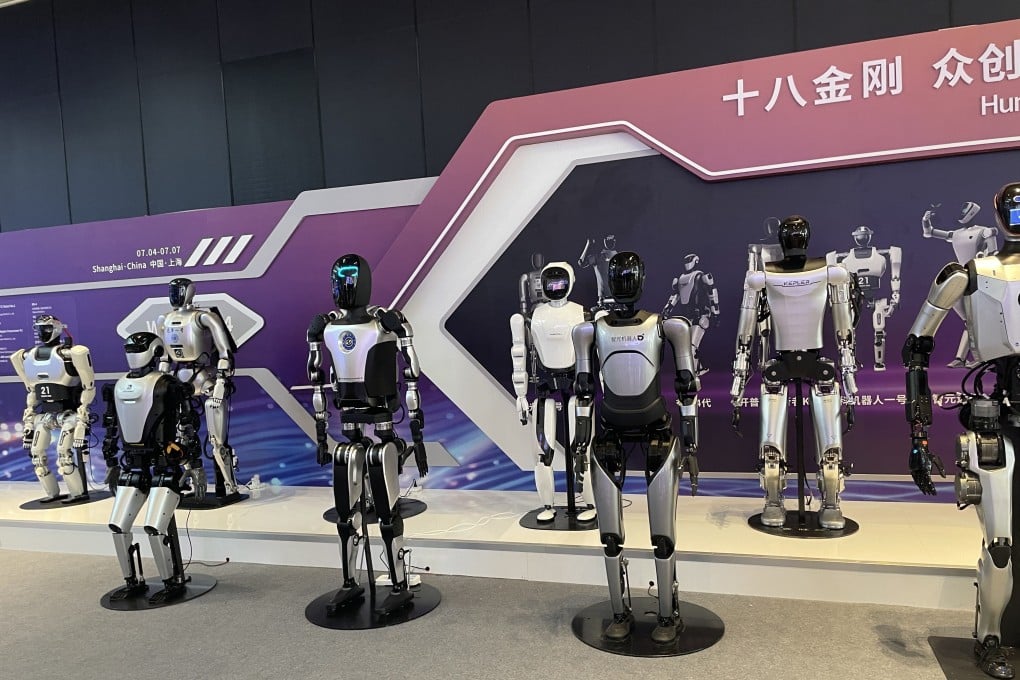 Eighteen humanoid robots from various brands on display during the 2024 World Artificial Intelligence Conference in Shanghai on Thursday. Photo: Che Pan
