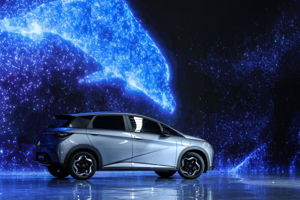 A BYD Dolphin compact hatchback on display at the launch of the company’s new plant in Thailand’s Rayong province on July 4. Photo: Bloomberg