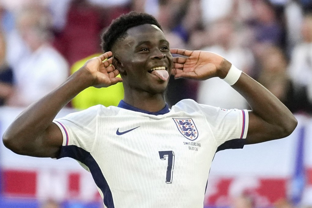 England’s Bukayo Saka reacts after scoring a peanlty during his side’s Euro 2024 quarter-final against Switzerland. Photo: AP