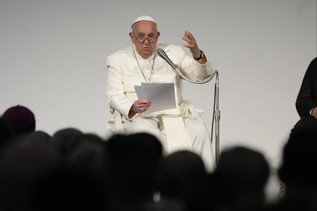 Pope Francis attends a meeting with the participants of the 50th Social Week of Catholics in Italy at the Generali Convention Centre in Trieste, northern Italy, on Sunday. Photo: AP