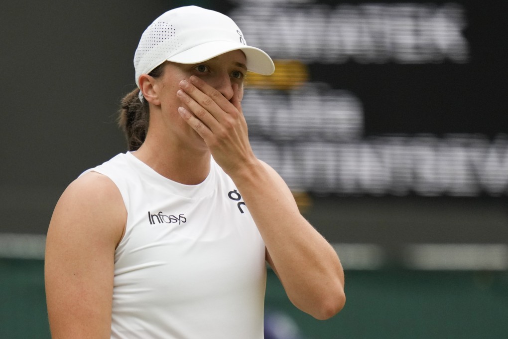 Iga Swiatek reacts during her third round loss to Yulia Putintseva at Wimbledon. Photo: AP