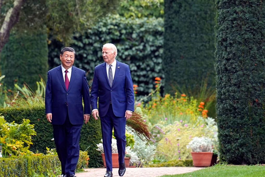 Presidents Xi Jinping and Joe Biden walk in the gardens at the Filoli Estate in Woodside, California, during their summit in November 2023. Photo: AP