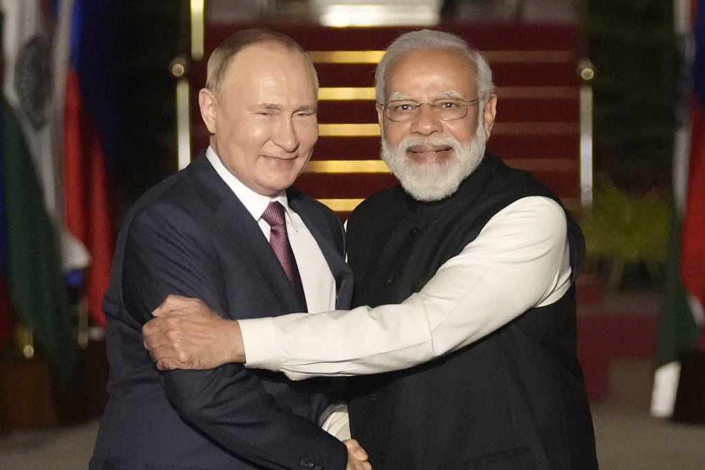 Indian Prime Minister Narendra Modi greets Russian President Vladimir Putin before their meeting in New Delhi in December 2021, after Russia’s invasion of Ukraine. Photo: AP