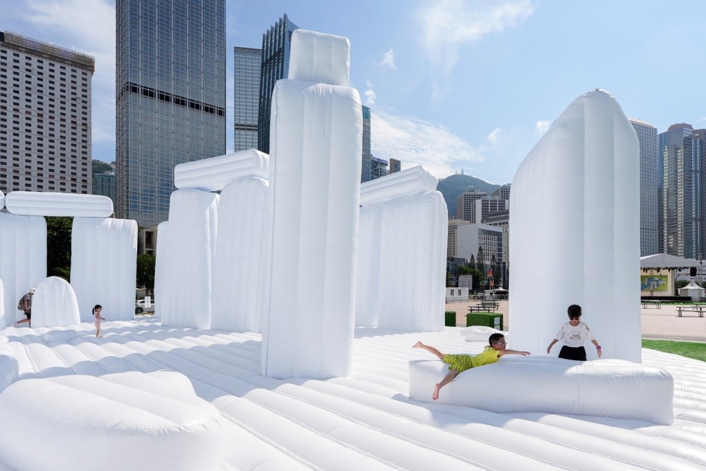 Children play on the “Inflatable Wonders” exhibition in Central. The organiser says about 12,000 people visited the installations over the first three days of the event. Photo: Eugene Lee