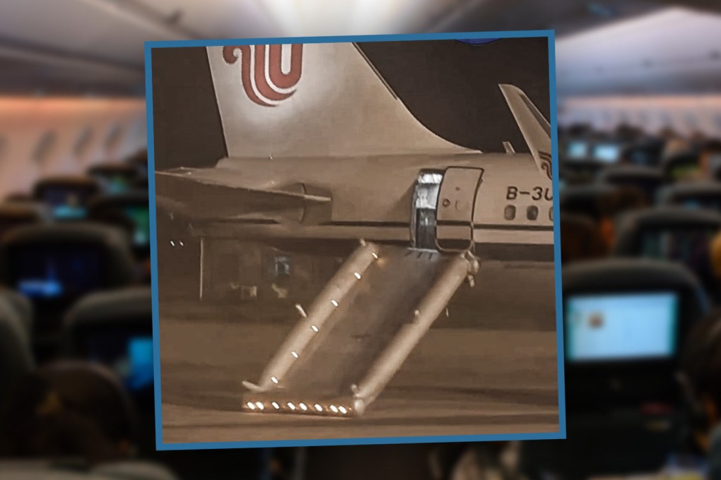 A first-time air passenger in China sparked chaos when she opened an emergency exit after  mistaking it for a toilet door. Photo: SCMP composite/Shutterstock/Douyin