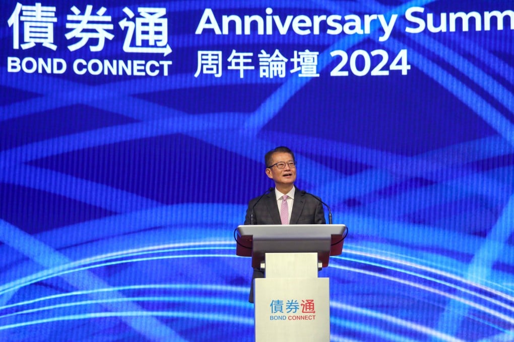 Financial Secretary Paul Chan Mo-po attends Bond Connect Anniversary Summit at HKEX Connect Hall in Central. Photo: Xiaomei Chen