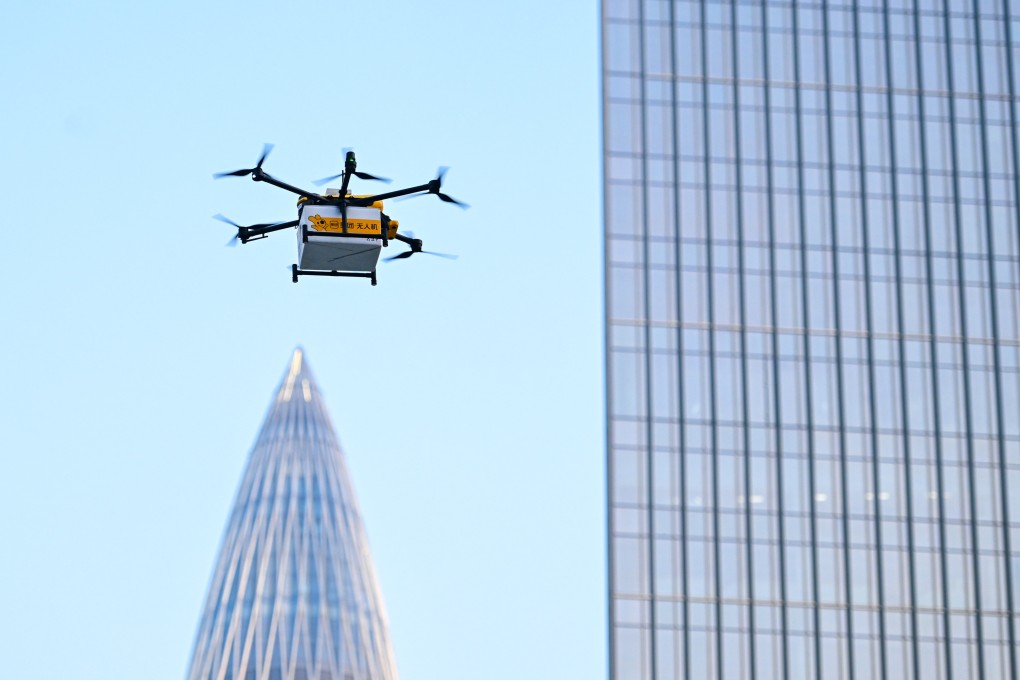 An unmanned food delivery drone is pictured in Shenzhen. Photo: Xinhua