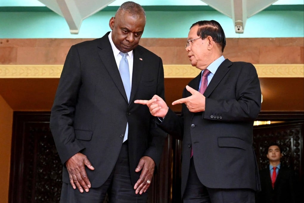 US Defence Secretary Lloyd Austin with Cambodian Senate President Hun Sen during a meeting in Phnom Penh, Cambodia, on June 4. Photo: AFP