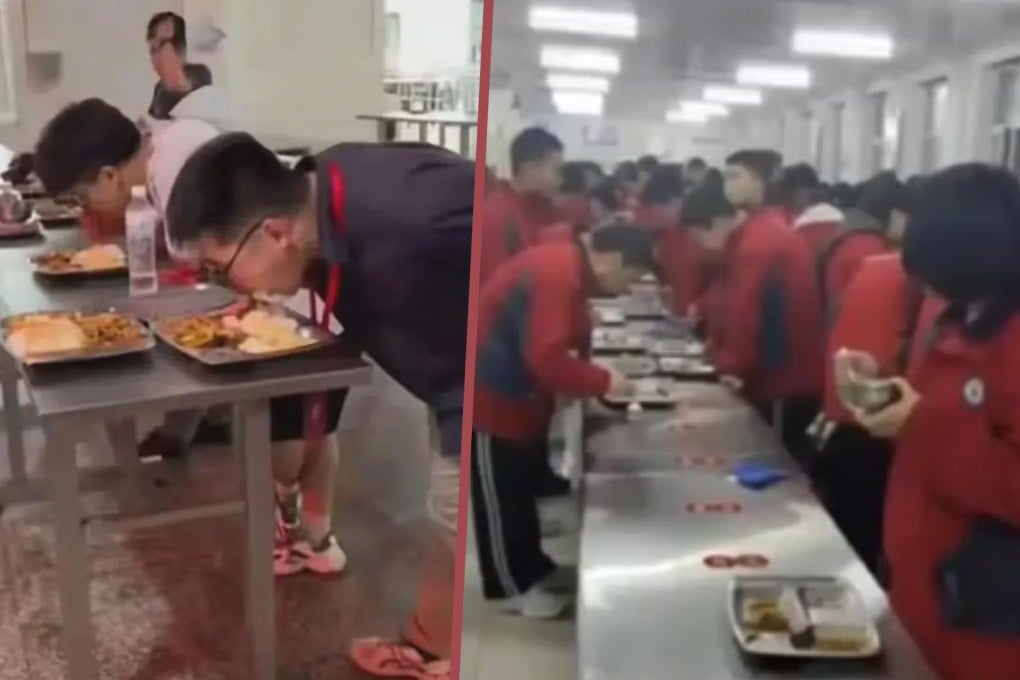 In a Chinese school, students are required to stand while eating in the canteen, with segregated arrangements for boys and girls. Photo: SCMP composite/Baidu/Douyin