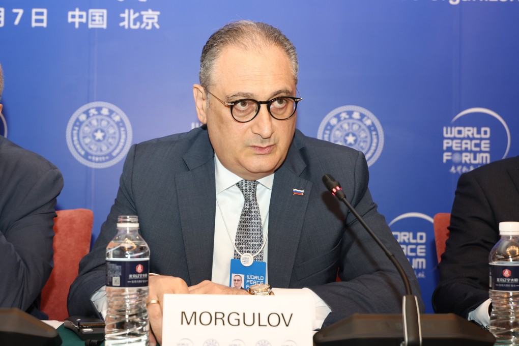 Russia’s Igor Morgulov speaks during a panel held at a peace forum in Beijing on Sunday. The Russian envoy took aim at the Western-led, unipolar model. Photo: World Peace Forum secretariat