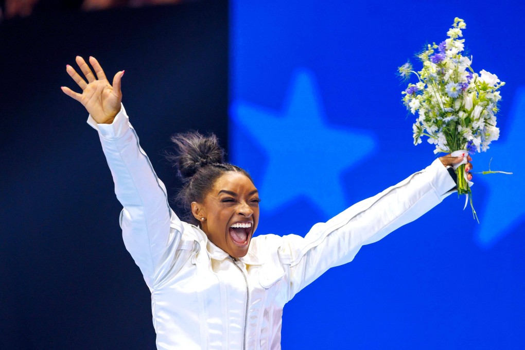 US gymnast Simone Biles, who placed mental health ahead of medals in Tokyo, celebrates after being selected for the US Olympic team after their trials. Photo: AFP