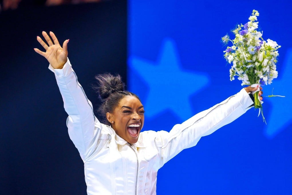 US gymnast Simone Biles, who placed mental health ahead of medals in Tokyo, celebrates after being selected for the US Olympic team after their trials. Photo: AFP