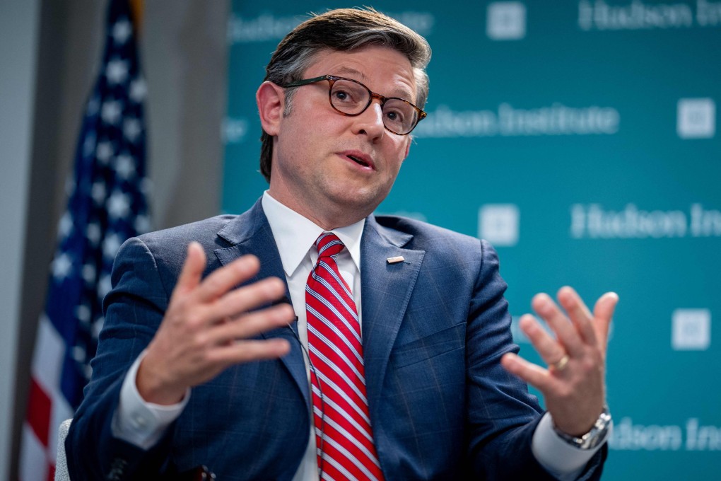 US House Speaker Mike Johnson, a Louisiana Republican, delivers remarks at the Hudson Institute in Washington, DC, on Monday. Photo: Getty Images via AFP