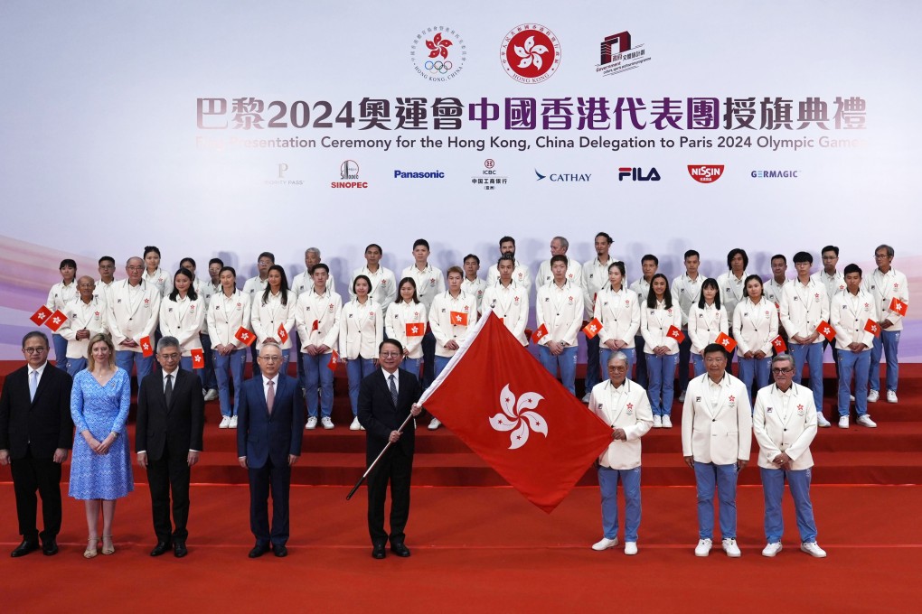 Officials and athletes at the flag presentation ceremony for the Hong Kong delegation heading to the Paris Olympics. Photo: Eugene Lee