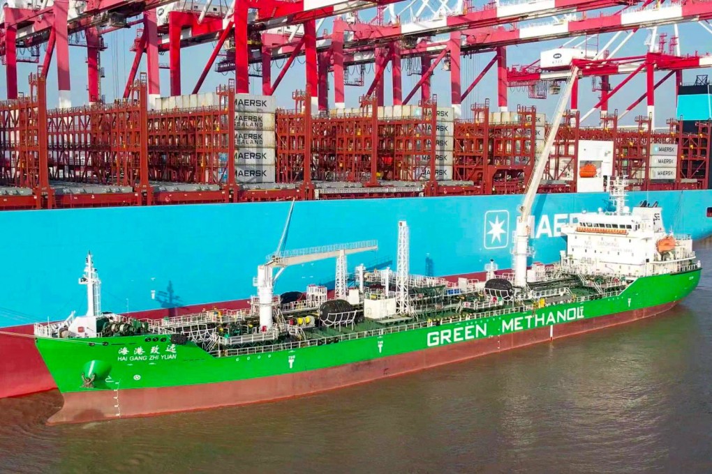The Haigang Zhiyuan, foreground, provides methanol fuel to the Astrid Maersk (background), a methanol-powered container vessel belonging to A.P. Moller-Maersk, at the port of Shanghai on April 10, 2024. Photo: LinkedIn/ Quin Xu