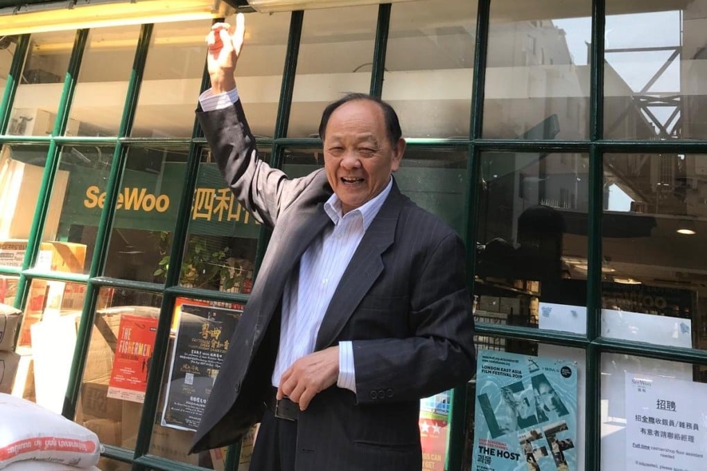 Stanley Tse in front of his Chinese supermarket See Woo, in London’s Chinatown. A green plaque has been put up there by Westminster City Council to honour the contributions he made to Asian cuisine in the UK. Photo: Lucy Mitchell