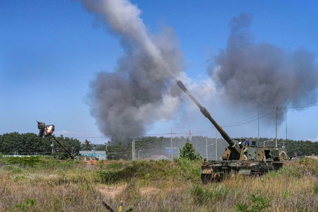 South Korean 155mm self-propelled howitzers fire shells during a live-fire drill near the inter-Korean border last month. Seoul may be less worried about drawing down its inventory after seeing North Korea sending shells to Russia. Photo: South Korean Defence Ministry/Handout via AFP