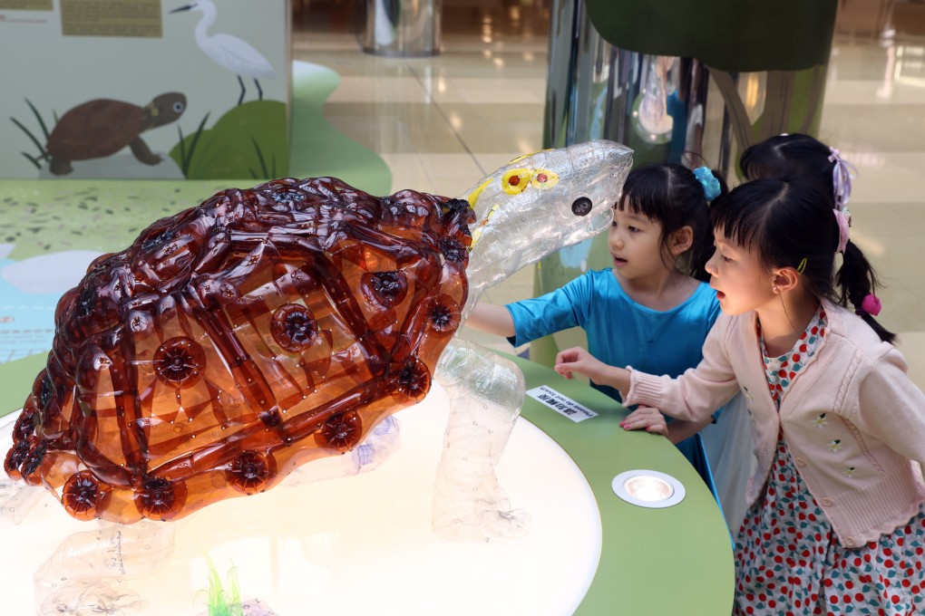 A tortoise made from used plastic bottles is displayed at the Ocean Park Conservation Foundation’s “Discovering the Hidden Treasure of Carapace Wonders” Freshwater Turtle & Horseshoe Crab Conservation Exhibition at Cityplaza, Taikoo, on March 28. Photo: Yik Yeung-man