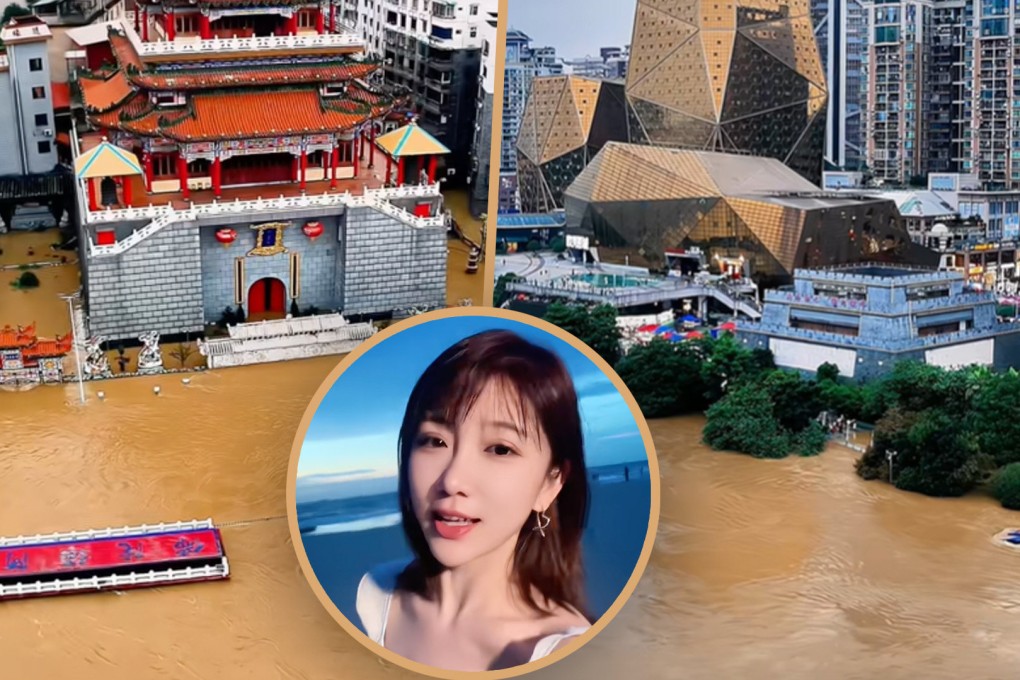 An online celebrity in China has been slammed for accepting cash tips while she live-streamed from a rescue boat during severe flooding in the south of the country. Photo: SCMP composite/Douyin