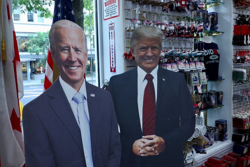 Cut-outs depicting Joe Biden and Donald Trump, the current and previous US presidents, displayed at a souvenir shop in Washington on Wednesday. Photo: Reuters