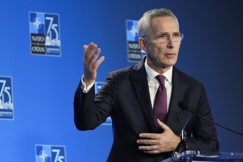 NATO Secretary General Jens Stoltenberg delivers remarks at a press conference in Washington on Thursday. Photo: AP