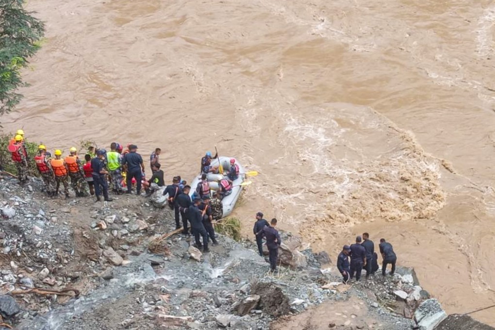 Members of the armed police force conduct a search and rescue operation following a landslide in Simaltal, Nepal’s Chitwan district, on Friday. Photo: EPA-EFE