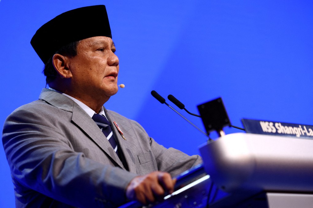 Indonesia’s Defence Minister and president-elect Prabowo Subianto speaks at the Shangri-La Dialogue in Singapore on June 1. Photo: Reuters