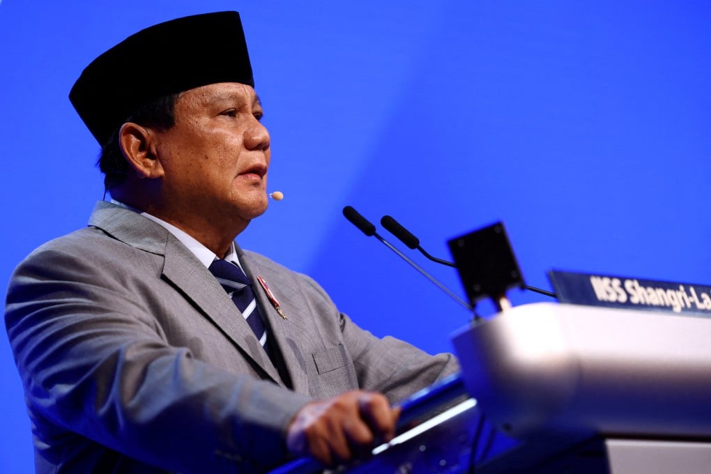 Indonesia’s Defence Minister and president-elect Prabowo Subianto speaks at the Shangri-La Dialogue in Singapore on June 1. Photo: Reuters