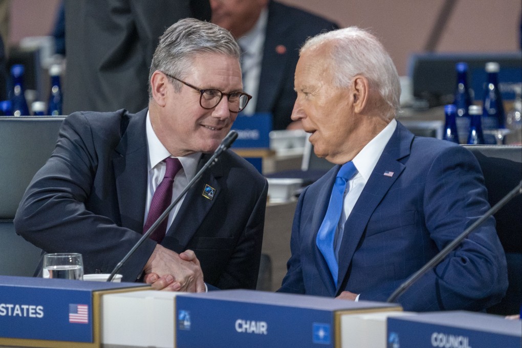 US President Joe Biden (right) and British Prime Minister Keir Starmer take part in the North Atlantic Council meeting with Indo-Pacific partners the Nato summit in Washington on Thursday. Photo: EPA-EFE