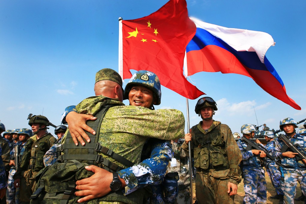 Chinese and Russian marines hug during a joint naval drill in Zhanjiang in Guangdong province in September 2016. The two countries are holding their first joint military exercises near the southern Chinese city since Russia invaded Ukraine in 2022. Photo: Xinhua