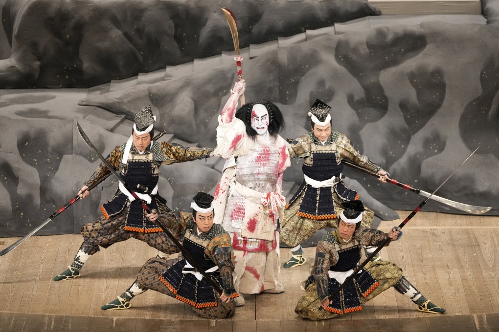 Kabuki actor Danjuro Ichikawa playing Tomomori, a warrior who is defeated in battle, in Hoshiawase Jusandan at the Kabukiza Theatre in Tokyo. Ichikawa is working to update the all-male traditional Japanese theatre for a generation raised on social-media short videos. Photo: Shochiku via AP)