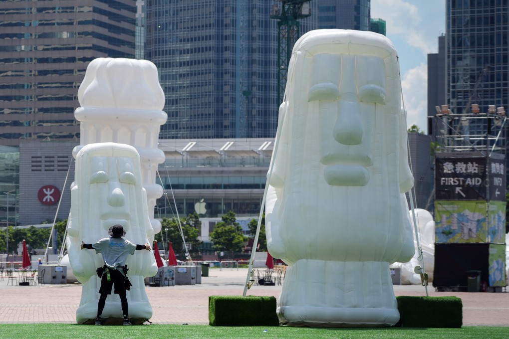 Workers inflate the “Inflatable Wonders” of SummerFest@Central in Central’s Harbourfront. Photo: Eugene Lee
