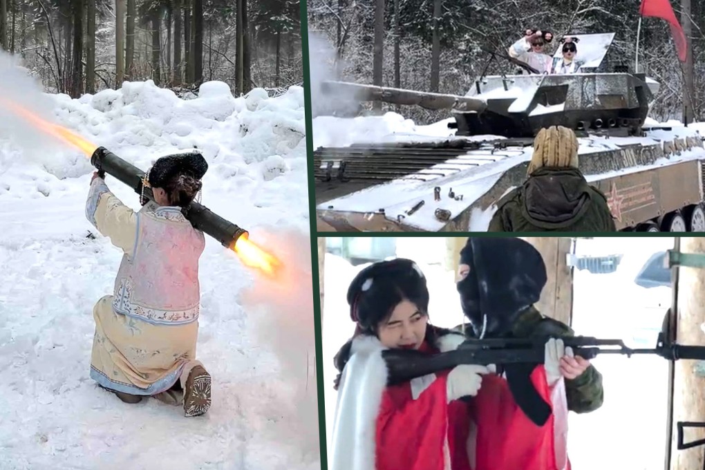 Young people from China have found a new way to let off steam, playing with weapons of war in Russia. Photo: SCMP composite/Xiaohongshu