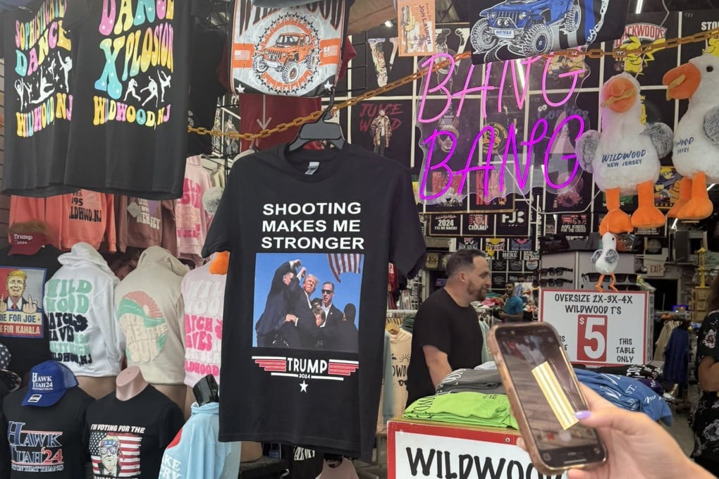 T-shirts printed with an injured Donald Trump raising his fist on sale at a New Jersey boardwalk. Photo: X/ @ThaDietz_