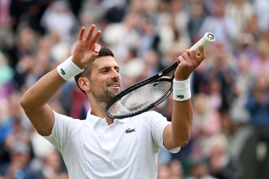 Novak Djokovic celebrates after beating Lorenzo Musetti in the Wimbledon semi-finals to set up a final meeting with Carlos Alcaraz. Photo: Xinhua